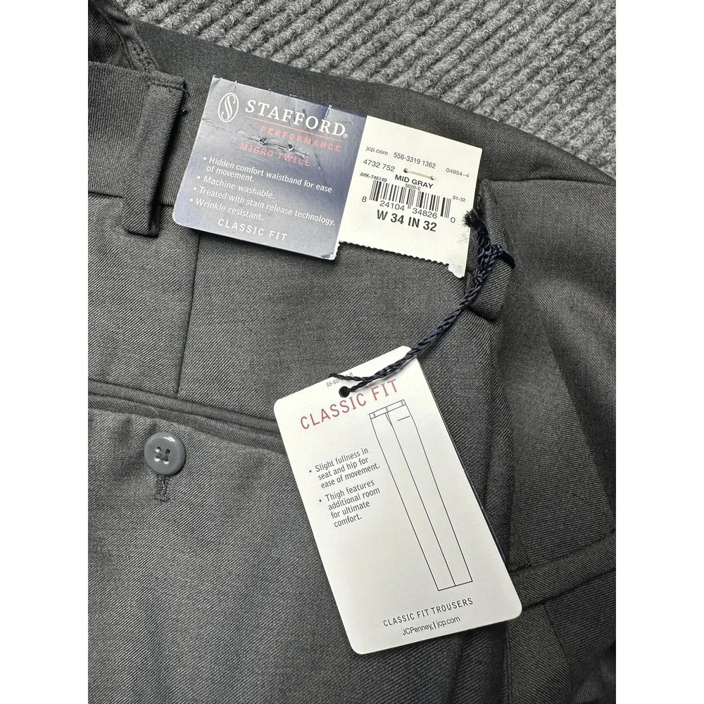 Stafford Pants Mens 34x32 Gray‎ Classic Fit Flat Front Micro Twill Performance